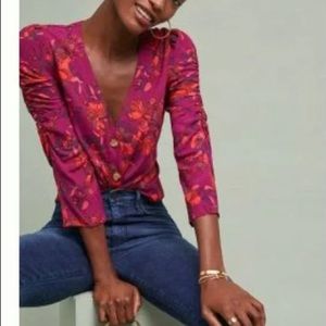 MAEVE S bright floral button down blouse with ruched sleeves NWOT
